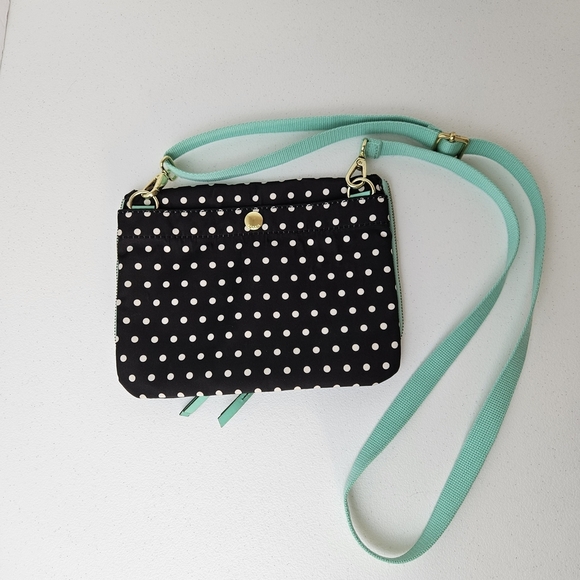 Fossil Keyper Mini Flap Crossbody Organizer Purse Polka Dot Bag - Black and Mint - Picture 3 of 13